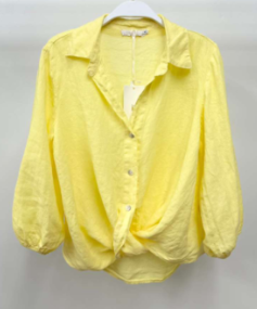 Linen Long Sleeve Front Twist Hem Henley Top