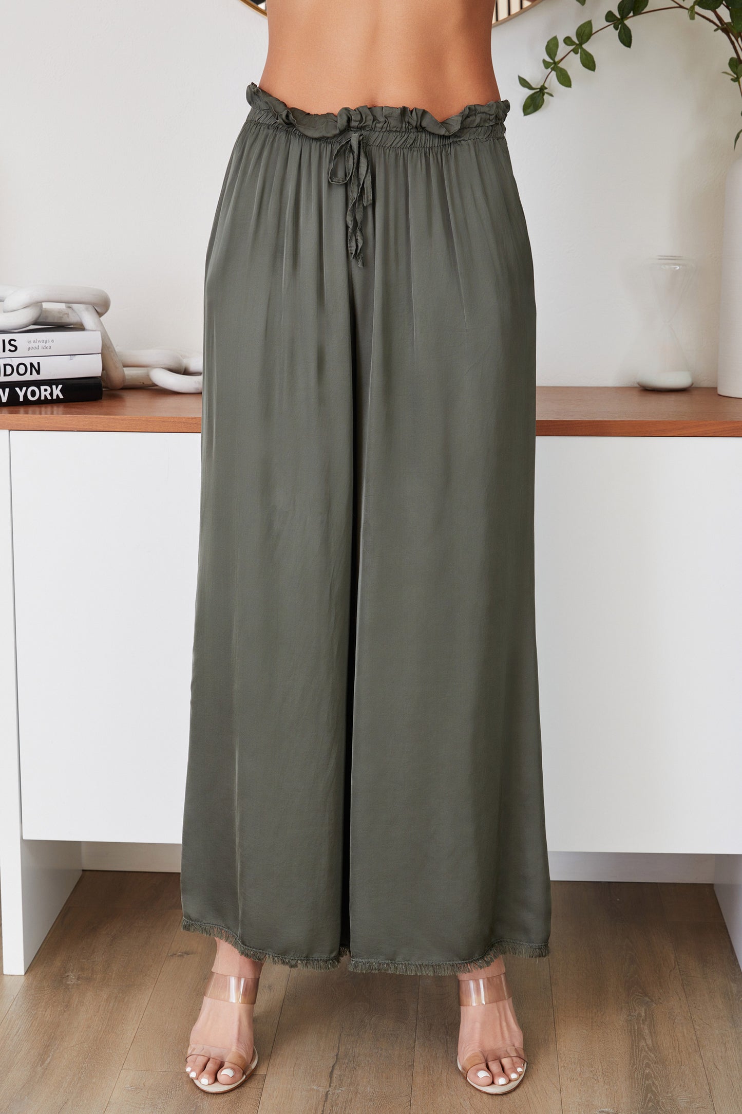Viscose Drawstring Waist Distressed Hem Palazzo Pant