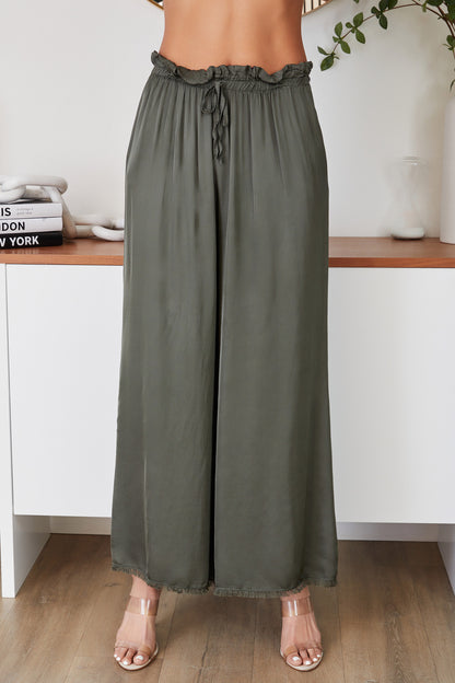 Viscose Drawstring Waist Distressed Hem Palazzo Pant