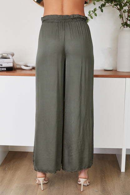 Viscose Drawstring Waist Distressed Hem Palazzo Pant