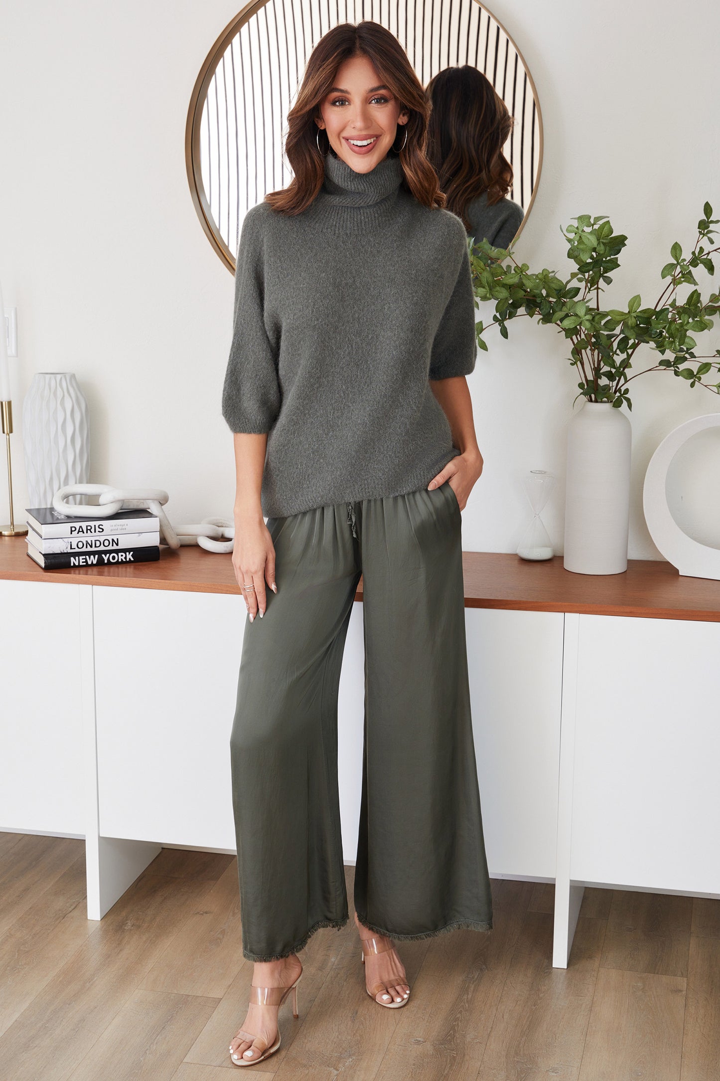 Viscose Drawstring Waist Distressed Hem Palazzo Pant