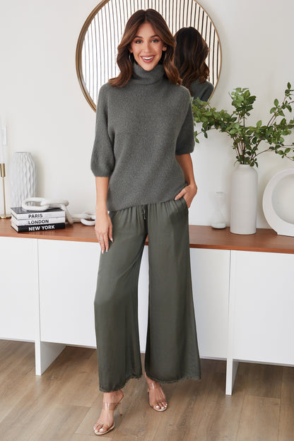 Viscose Drawstring Waist Distressed Hem Palazzo Pant