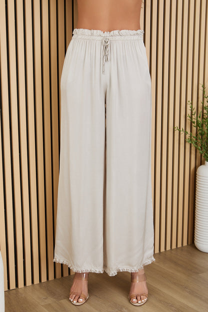 Viscose Drawstring Waist Distressed Hem Palazzo Pant
