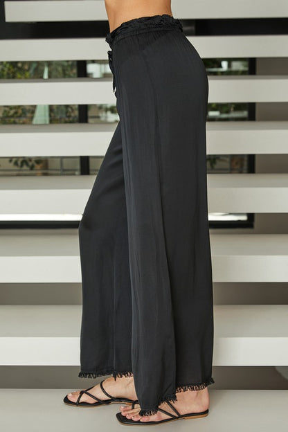 Viscose Drawstring Waist Distressed Hem Palazzo Pant