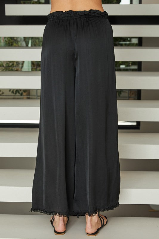Viscose Drawstring Waist Distressed Hem Palazzo Pant
