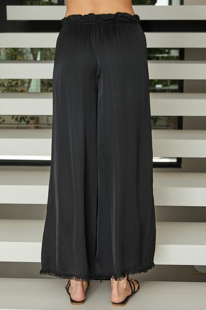 Viscose Drawstring Waist Distressed Hem Palazzo Pant