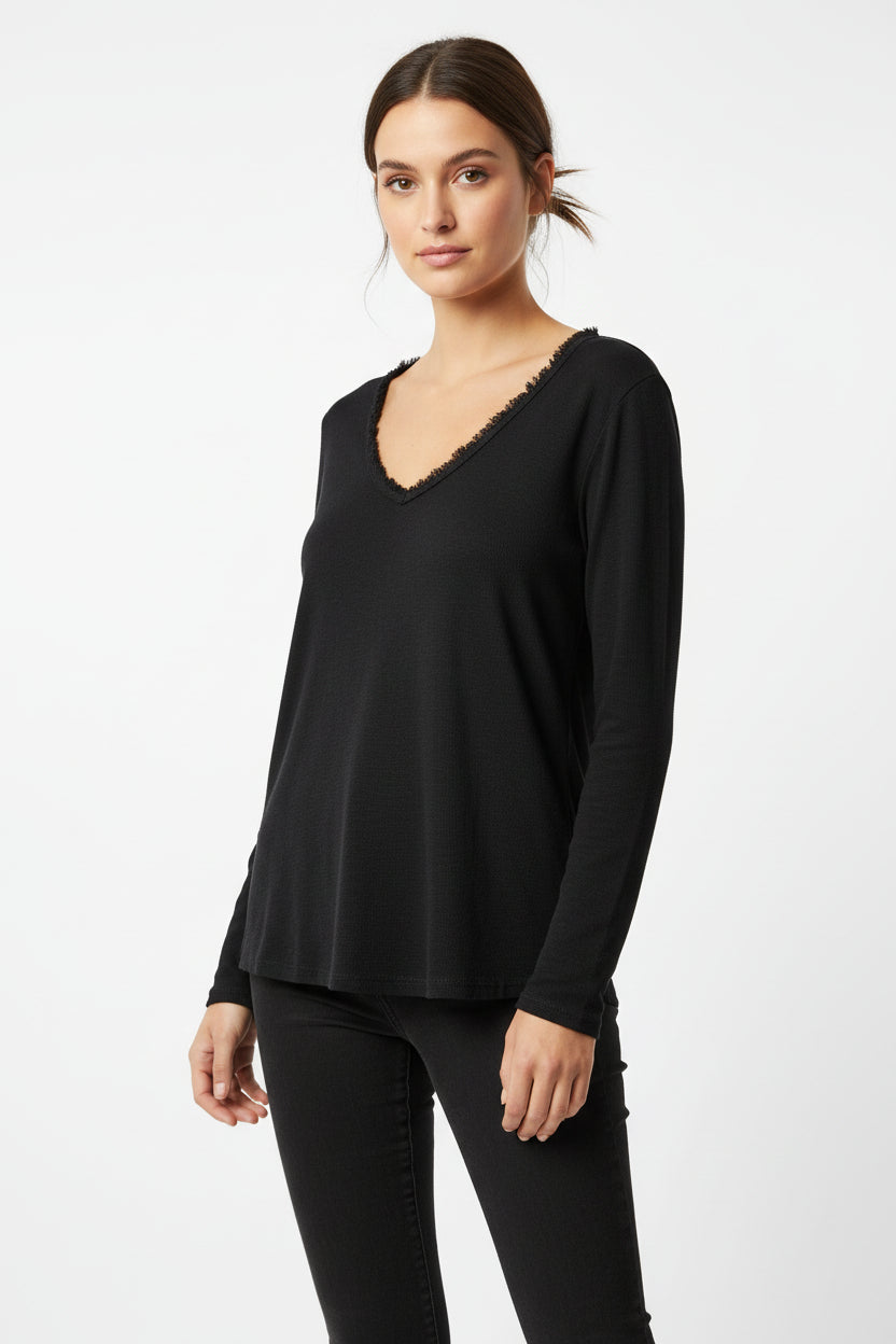 Raw Edge V-Neck Cotton L/S Top