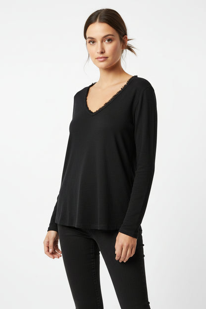 Raw Edge V-Neck Cotton L/S Top