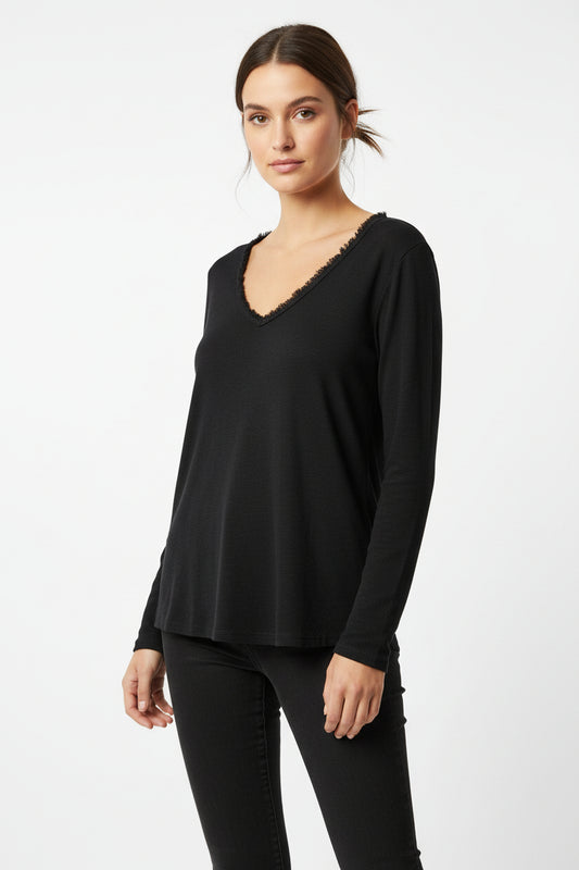 Raw Edge V-Neck Cotton L/S Top