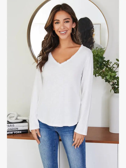 Raw Edge V-Neck Cotton L/S Top