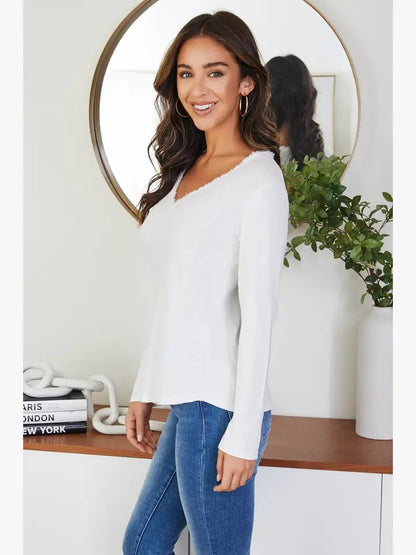 Raw Edge V-Neck Cotton L/S Top
