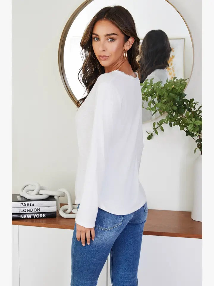 Raw Edge V-Neck Cotton L/S Top