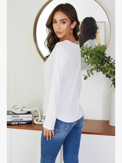 Raw Edge V-Neck Cotton L/S Top