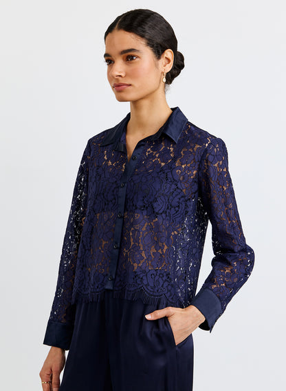 Lace Contrast Button Down