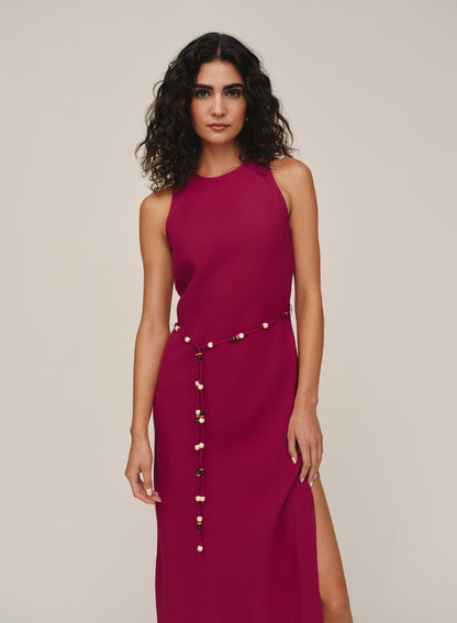 B6995-W94-302 - BIAS MIDI DRESS WITH BEADED BELT