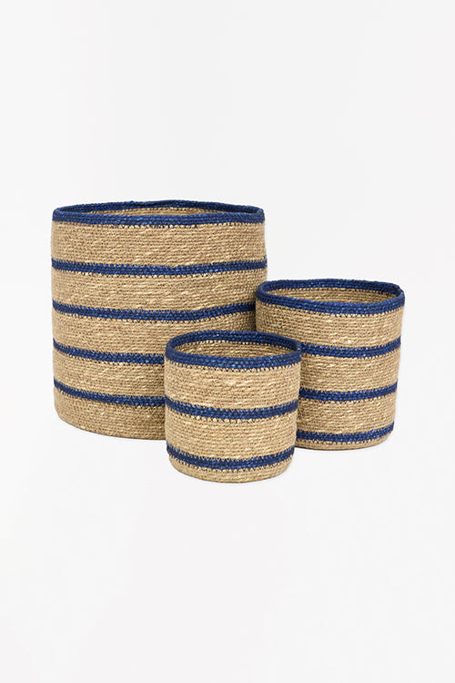 Striped Baskets, Moonji Grass, Natural & Navy Set/