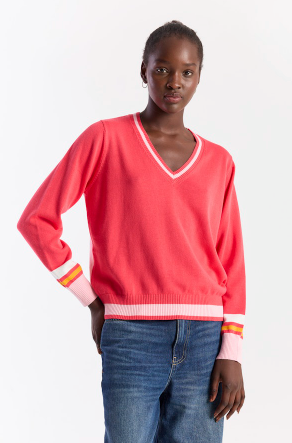 Contrast Stripe Varsity V Neck