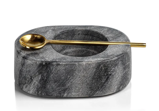 Tuscan Gray Marble Salt and Pepper Bowl with Gold Spoon