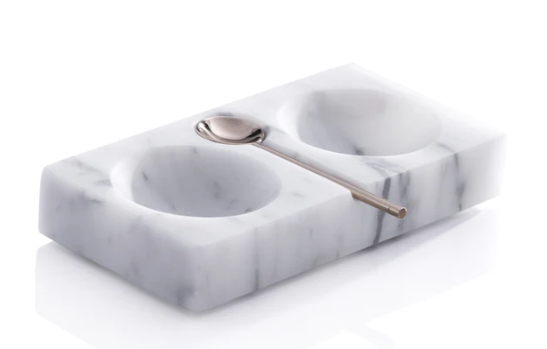 White Marble Salt and Pepper Dish with Spoon