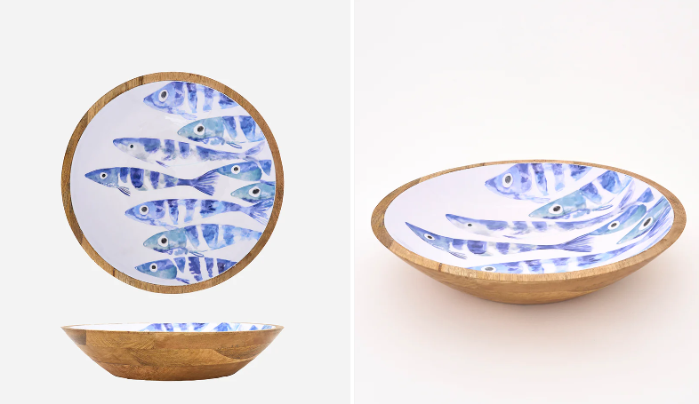 Blue Fish Bowl Enameled Wood 13.8" x 2.8"