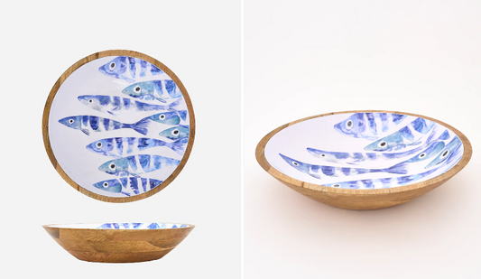 Blue Fish Bowl Enameled Wood 13.8" x 2.8"