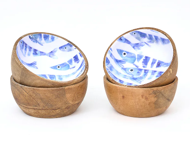 Blue Fish Nibble Bowls Enameled Wood 3.3" x 1.8"