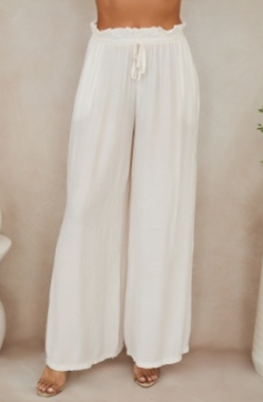 Crinkle Elastic Waist Tie Front Wide Leg Pant w Pockets