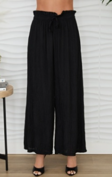 Crinkle Elastic Waist Tie Front Wide Leg Pant w Pockets