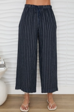 Textured Stripe Linen Wide Leg Pleated Pant with Drawstring