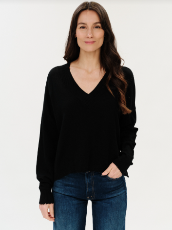 The Geneva V-Neck Frayed Hem Sweater