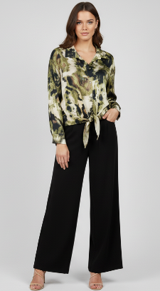 Water Color Print Button Down Long Sleeve Tie Top