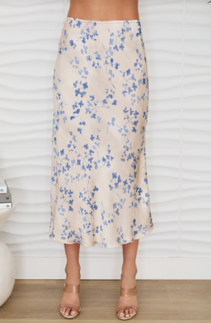 Clover Floral Leaf Print Silky Maxi Skirt